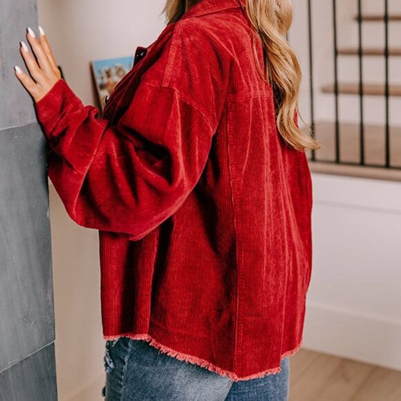 POL Long Sleeve Corduroy Button Down Fringe Shacket Rust  New - Picture 6 of 12